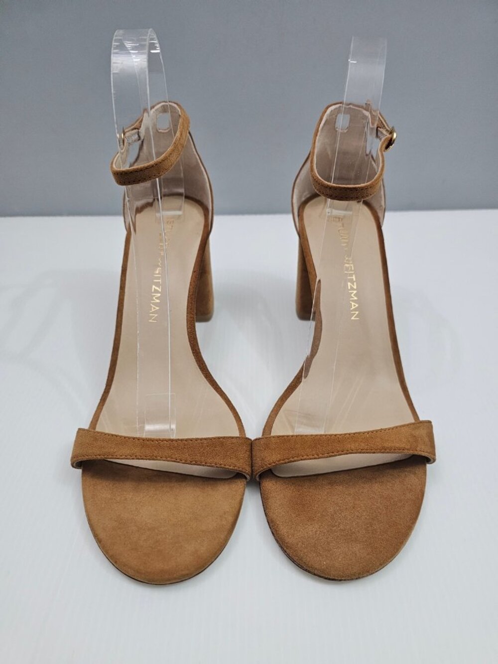 Stuart Weitzman Nudist Block 75 Sandal Womens 9.5 Caramel Brown Suede Block Heel - Picture 4 of 14